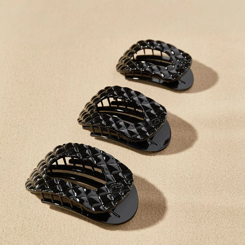 Jet Black Quilted Large Flat Round Hair Clip